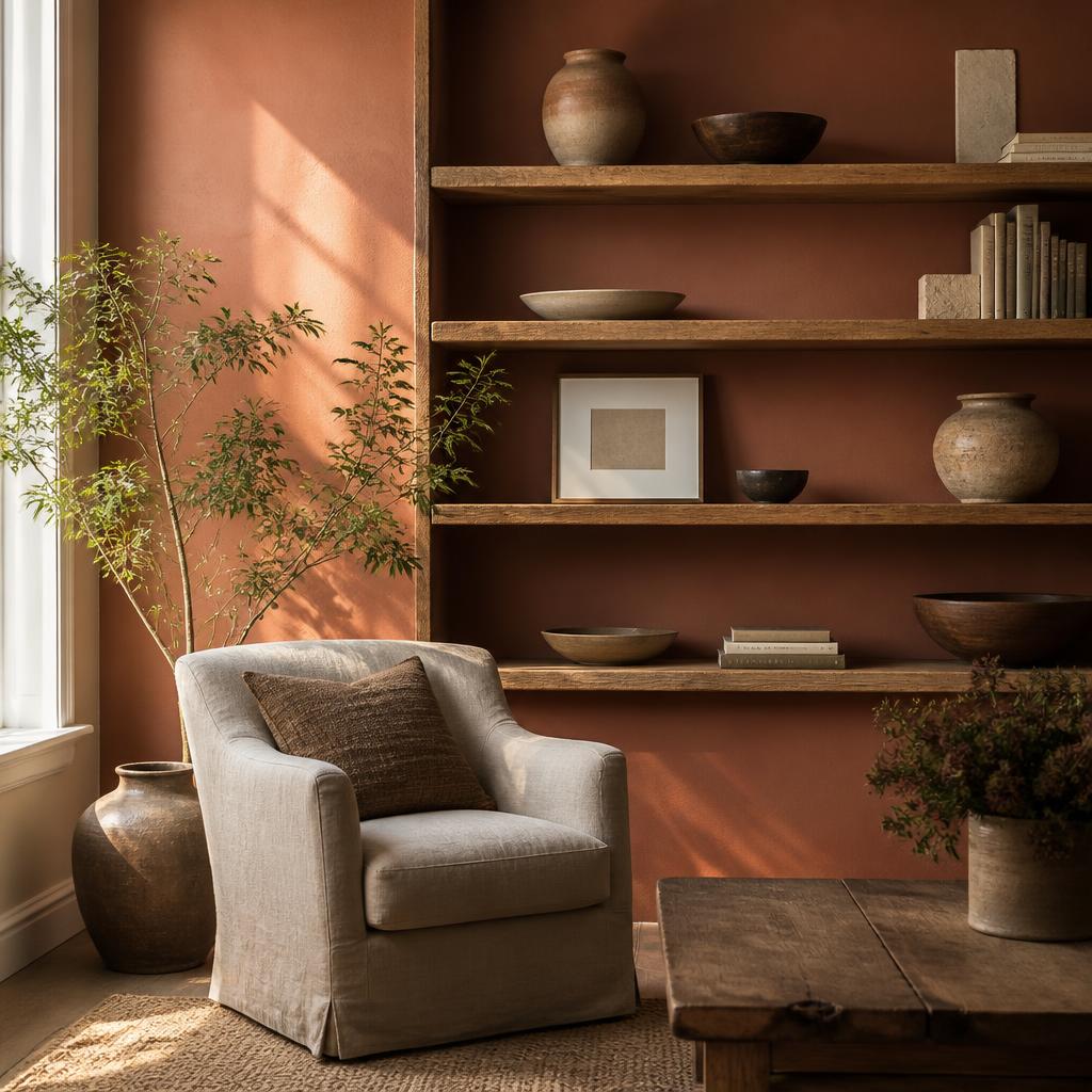 Warm living room with hand-built oak shelving and terracotta wall